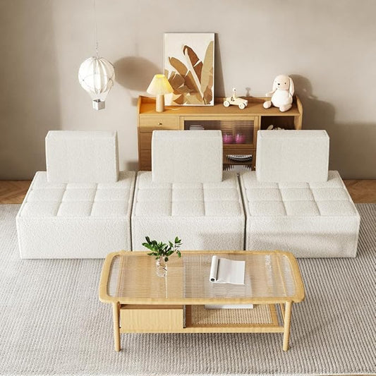 PurrJoys Modular Sectional 3-Seater Sofa 3-Piece Deep Seat Corduroy Lounge Sofa Small 3-Seater Couch for Living Room Bedroom Apartment White