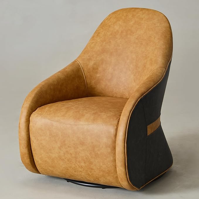 Two-Tone Leather Swivel Barrel Chair Accent Chair with Solid Wood Frame No Assembly for Living Room or Office (Camel)
