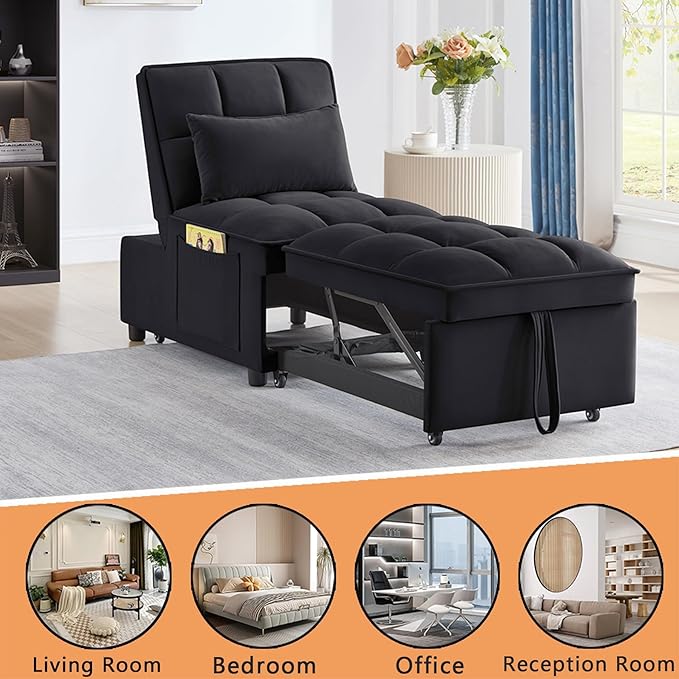 4 in 1 Sleeper Chair with Pullout BedConvertible Lazy Sleeper Sofa Chair withStorage Pockets &amp Adiustable Backrest forLiving Room (Black)