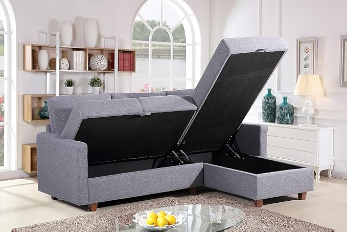 Sectional Sofa with Storage – Modern Upholstered Living Room Couch Reversible Chaise for Home Apartment Office 81.9” L Dark Grey