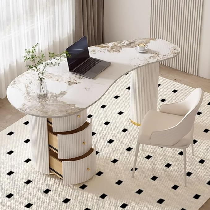 LITFAD Computer Desk Irregular Sintered Stone Home Office Desk with 3 Drawers Modern Style Boss Table Beauty Salon Reception and Consultation Table Pandora 47 L x 23.5 W x 29.5 H Table Only