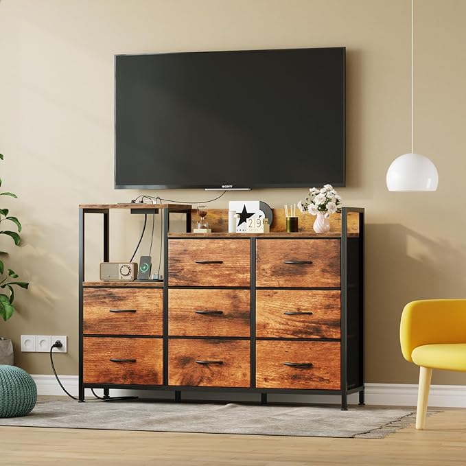 DUMOS TV Stand Dresser with 8 Fabric Drawers &amp Open Shelves TV Stand for Up to 45 inch TV with Wooden Top Entertainment Center with Charging Station for Living Room Hallway Brown