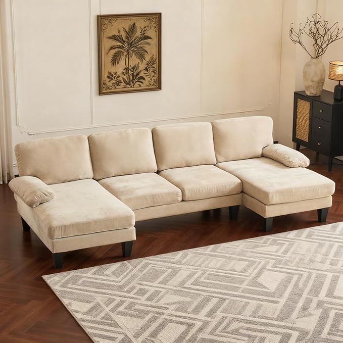 Karl home U-Shape Sectional Sofa Couch 111 Modern 4-Seat Sofa with Chaises Chenille Fabric Upholstered Covertible Couch with Wood Grain Legs for Living Room Reception Room Apartment Khaki