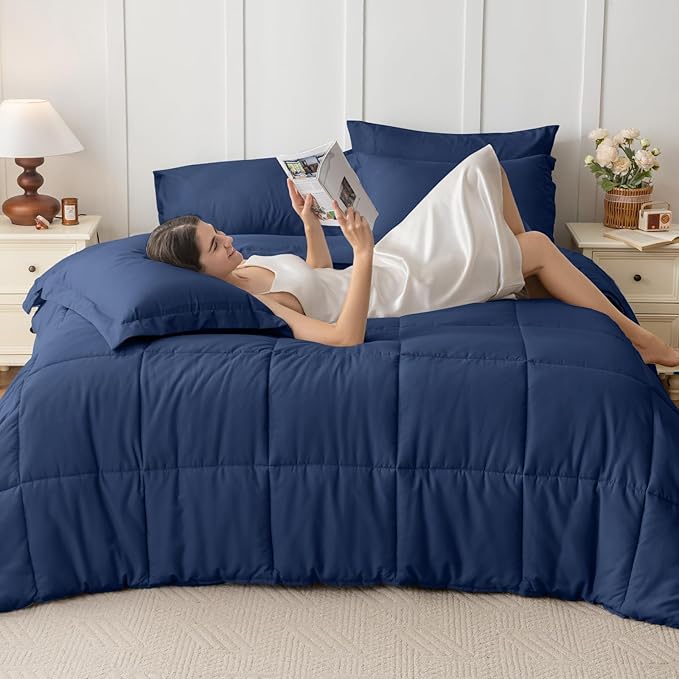 JOLLYVOGUE Full Comforter Set Ultra-Soft Bed in a Bag Full Size 7 Pieces Oeko-TEX Certified Bedding Set with Down Alternative Comforter Sheets Pillowcases &amp Shams Navy