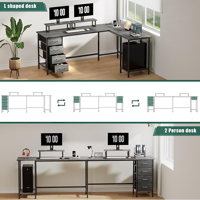 66 L Shaped Computer Desk 94.4'' Home Office Desk with Power Outlets 4 Adjustable Storage Drawers &amp 2 Monitor Stands Large Two Person Gaming Table for Writing Study Grey