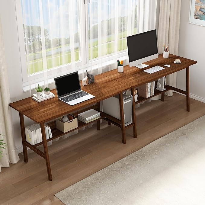 2-Person Writing Desk with Bookshelf - 110 Wooden Extra Long Home Office Work Table Double Study Computer Workstation with Storage Shelves in Walnut 110 W x 24 D