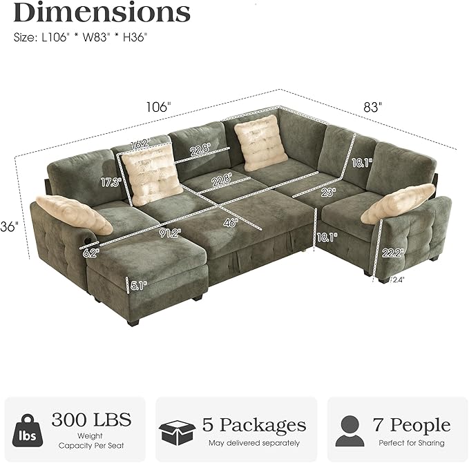 Ihanherry 106-inch Large L-Shaped Sectional Sofa Bed 7-Seater Convertible Pull Out Sleeper with Storage Ottoman 4 Pillows &amp USB Charging Ports Premium Chenille Fabric for Big Living Room（Gray）
