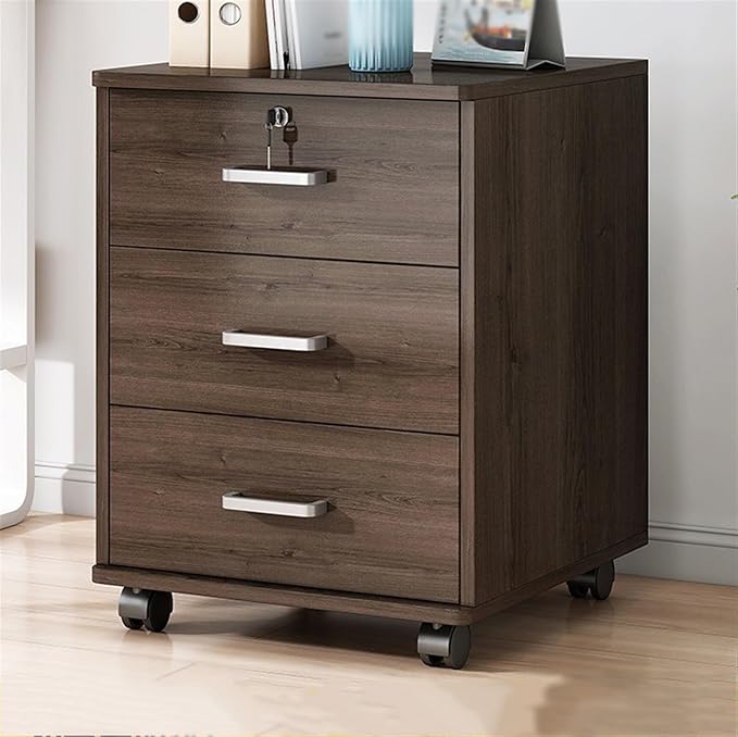 Office File Cabinet Wooden File Cabinet with 3 Solid Color Drawers File Cabinet with Sliding Wheel Storage Lock Small Side Cabinet