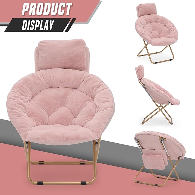 Round Comfy Saucer Chair with Headrest Large Cozy Metal Frame Cozy Lounge Lazy Chair Folding Faux Fur Saucer Chair for Adults Foldable Papasan Moon Chair