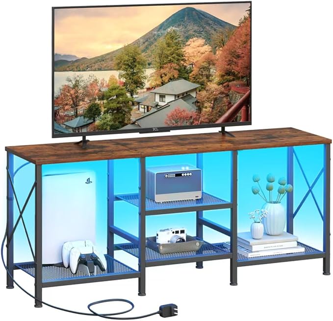 TV Stand with LED Lights for 55 Inch TV Entertainment Center with 3-Tier Open Shelves TV Console Table for Living Room Bedroom Rustic Brown