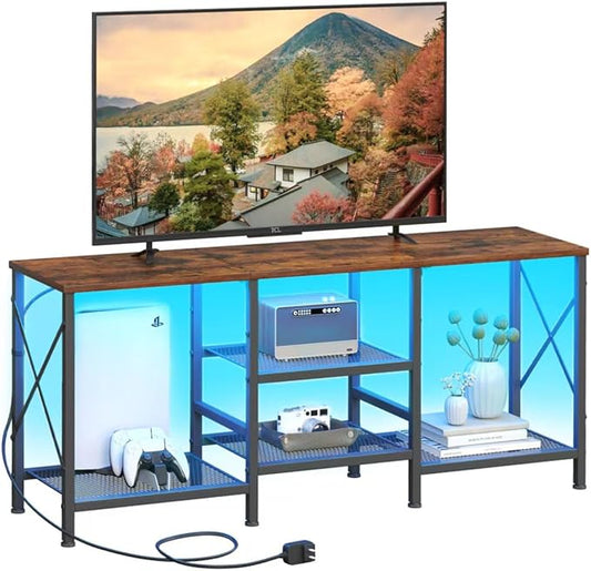 TV Stand with LED Lights for 55 Inch TV Entertainment Center with 3-Tier Open Shelves TV Console Table for Living Room Bedroom Rustic Brown