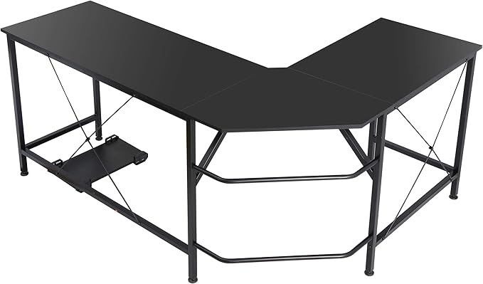 HomGarden L-Shaped Computer Desk Modern Corner Table PC Laptop Study Workstation Home Office Desk Wood Desktop Metal Frame(Black)