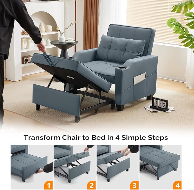 VINGLI 3-in-1 Convertible Sofa Bed Recliner with Adjustable Backrest USB Ports Cup Holders for Small Spaces Living Room