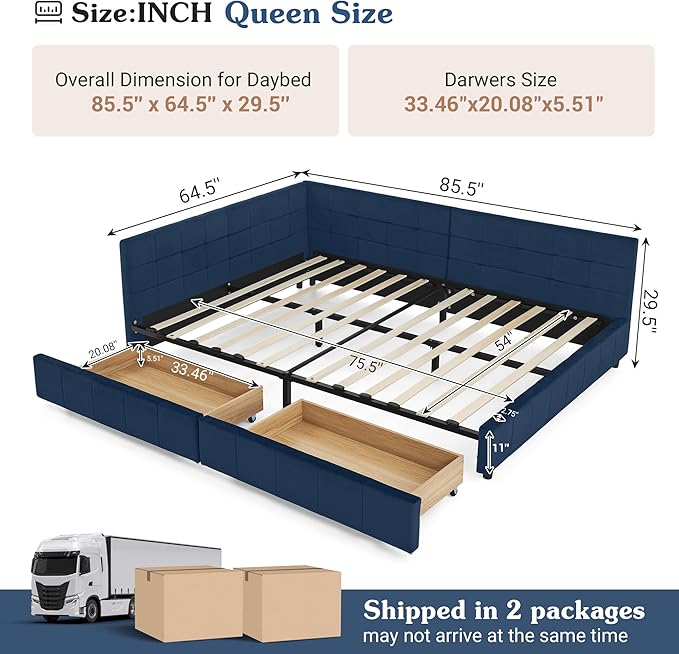 Queen Corner Bed Frame with Storage Drawers Modern Velvet Upholstered Sofa Day Bed Frame with Wood Slats for Living Room Bedroom Guest Room No Box Spring Needed Dark Blue