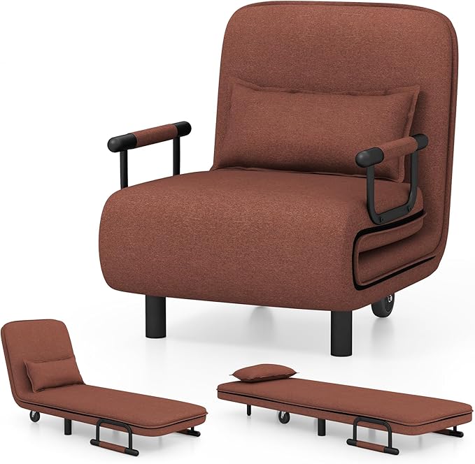 Giantex Convertible Sofa Bed 3-in-1 Folding Sleeper Chair with 5-Position Adjustable Backrest Wheels 2 Legs Recliner Chaise Lounge with Pillow Armchairs for Nursery Living Room Office (Brown)
