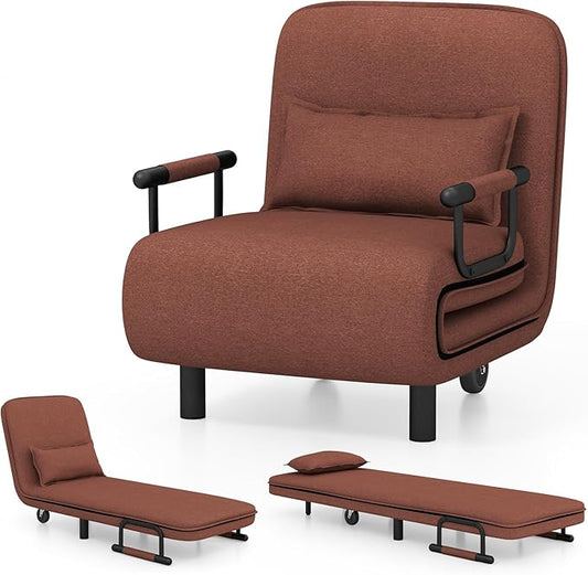 Giantex Convertible Sofa Bed 3-in-1 Folding Sleeper Chair with 5-Position Adjustable Backrest Wheels 2 Legs Recliner Chaise Lounge with Pillow Armchairs for Nursery Living Room Office (Brown)