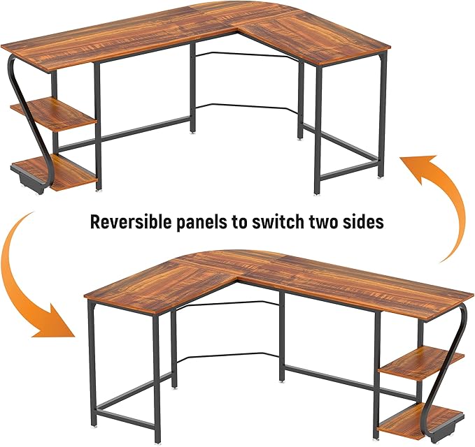 Weehom Reversible L Shaped Desk with Shelves Large Corner Computer Desk Gaming Desks for Home Office Writing Workstation Wooden TableRustic Brown