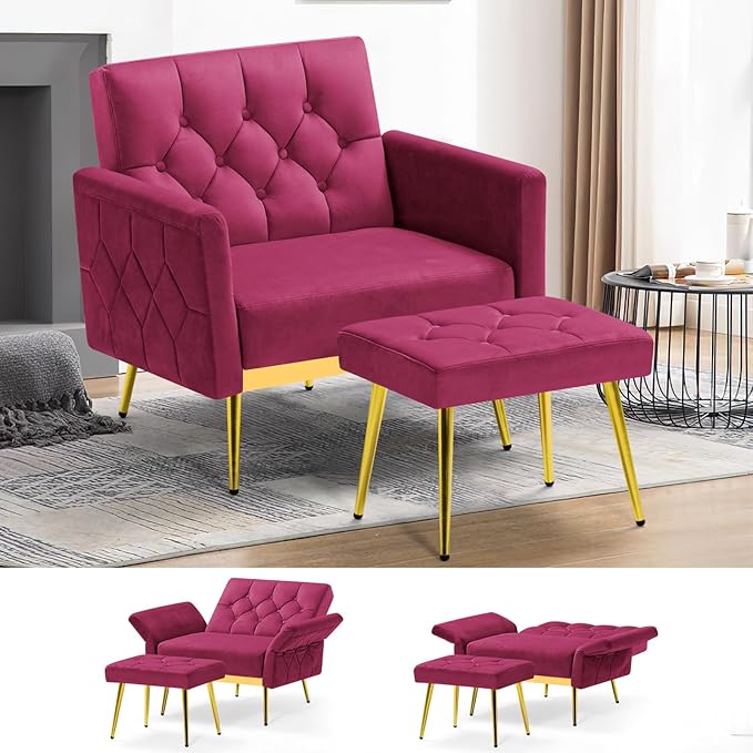 Velvet Accent Chair w/Adjustable Armrests and Backrests Tufted Single Sofa with Ottoman Upholstered Reading Chiar for Living Room Apartment Bedroom Fuchsia