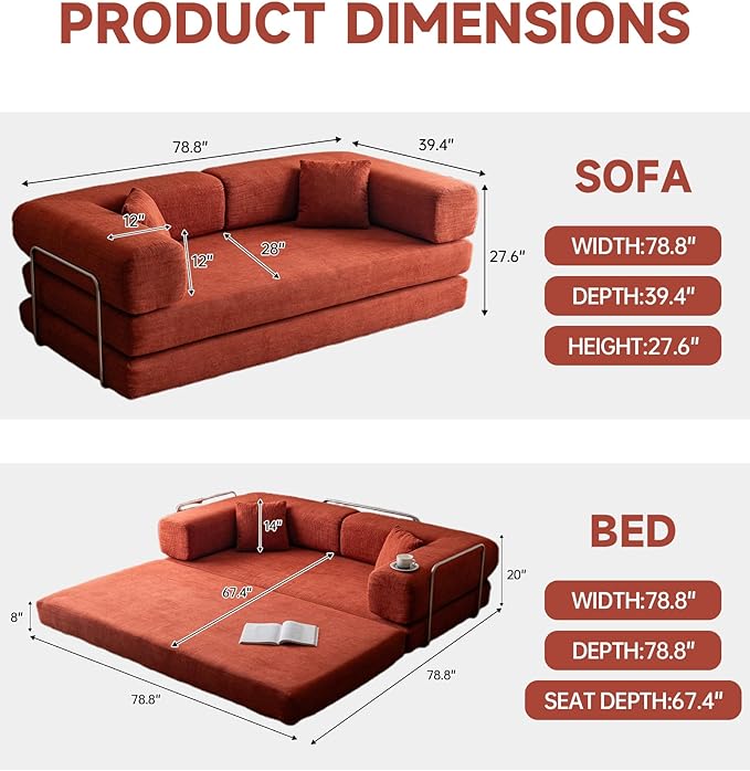 No Assembly Convertible Sofa Bed &amp 79 Boneless Couch with Pocket  5-in-1 Futon Sofa Bed with 2 Pillows Modular Pull Out Couch Bed with FrameCompression in Box for Living Room Small Spaces Orang