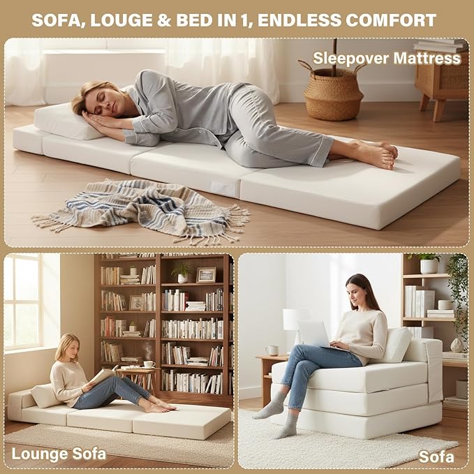 Tiita Folding Sofa Bed Chair 4-Fold Convertible Sleeper Chair with Lumbar Pillow Washable Cover &amp Side Pocket Floor Couch Bed with Raised Seat Single Size for Small Spaces Beige