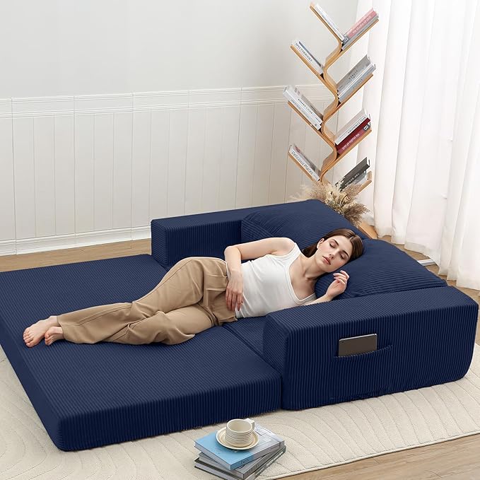 COMAX Convertible Sofa Bed Queen Folding Fold Out Couch Bed Floor Futon Couch Corduroy with Back Pillows Boneless Sofa Comfy Lounge Sleeper Mattress Loveseat for Living Room Bedroom Navy Blue