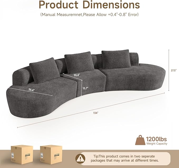 ONBRILL 134“ Cloud Sectional CouchModern Modular Curved Sofa with Deep SeatUpholstered Chenille Boneless Upholstered Couches for Living RoomNo Assembly Required