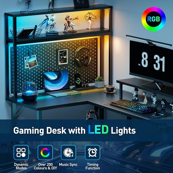 HLDIRECT L Shaped Gaming Desk with LED Light &amp Storage Shelves 67 Inch Reversible Computer Table with Power Outlet Corner Game Desk with Hutch &amp Monitor Stand Home Office Black