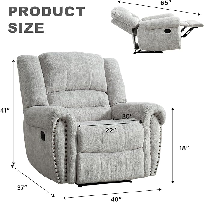 INZOY Recliner Chair Heavy Duty Manual Reclining Sofa Single Lounge Sofa for Living Room Home Theater Seating Grey White