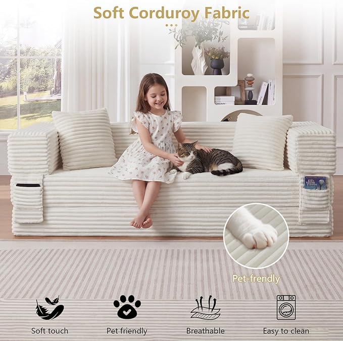 GNIXUU 78.7 Boneless Convertible Sleeper Sofa Bed 4-in-1 Folding Corduroy Futon Couch Bed Oversized Loveseat Modular Floor Mattress Couch for Living Room Bedroom Lounge No Assembly Beige