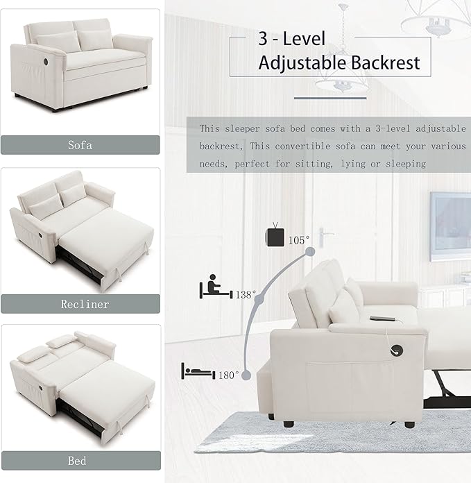 55 Convertible Loveseat Pull Out Sofa Bed for Living Room 3 in 1 Multi-Functional Sleeper Sofa Chaise Lounge Daybed Sofacama w/Adjustable BackrestUSB PortsSide Pockets