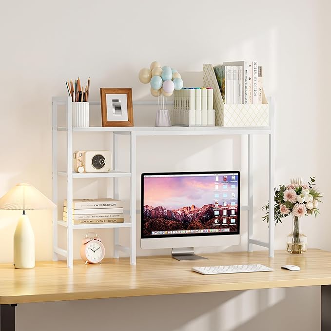 Snughome Desk Shelf 38.6 Desktop Organizer Shelf Desk Hutch for Computer Monitor 4 Tier Desk Display Rack Wood Desktop Bookshelf Storage Rack for Home Office Dorm White
