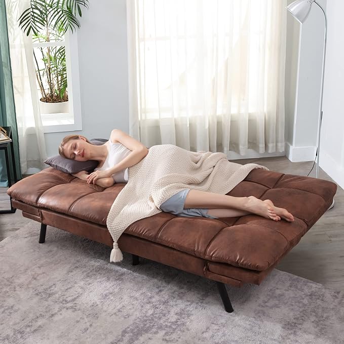 Opoiar Leather Futon Sofa BedConvertible Memory Foam Couch BedFuton Sets Daybed with Mattress IncludedFolding Modern Sleeper Sofa Love seat for RV Car Living Room&ampBedroom Small SpaceBrown