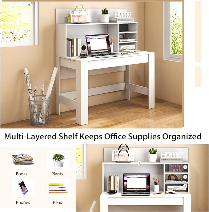 Giantex White Desk with Hutch Home Office Desk with Bookshelf Computer Workstation PC Laptop Table with Anti-Toppling Device &amp Cable Hole Modern Study Writing Desk for Small Spaces Bedroom