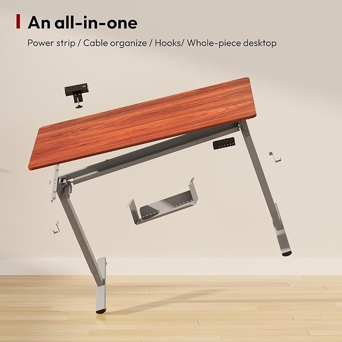 SANODESK Electric Standing Desk with Desk Clamp Power Strip 55x 28 Whole-Piece Desktop Height Adjustable Stand Up Desk with Cable Management Sit Stand Home Office Desk Silver Frame/Mahogany Top