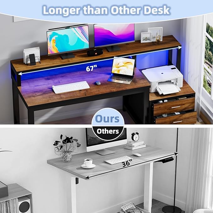 67'' Computer Desk with Drawers Black Desk with Storage and Monitor Stand Home Office Desk with LED Lights Black and Walnut