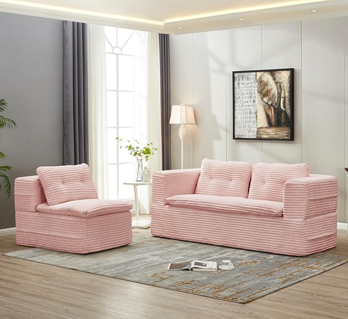Sleeper Sofa with Chaise Lounge Convertible Sectional Couch Bed Plush Corduroy 3-Seat Sofa with Blanket Deep Seat King Size Sleeper for Small Apartment No Assembly Required (Pink)