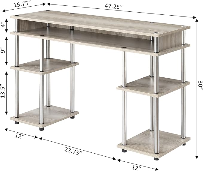 Convenience Concepts Designs2Go No Tools Desk Home Office Desk with Shelves Corner Shelf Vanity Desk Computer Desk Nail Table for Nail Tech - 47.25 L x 15.75 W x 30 H Ice White