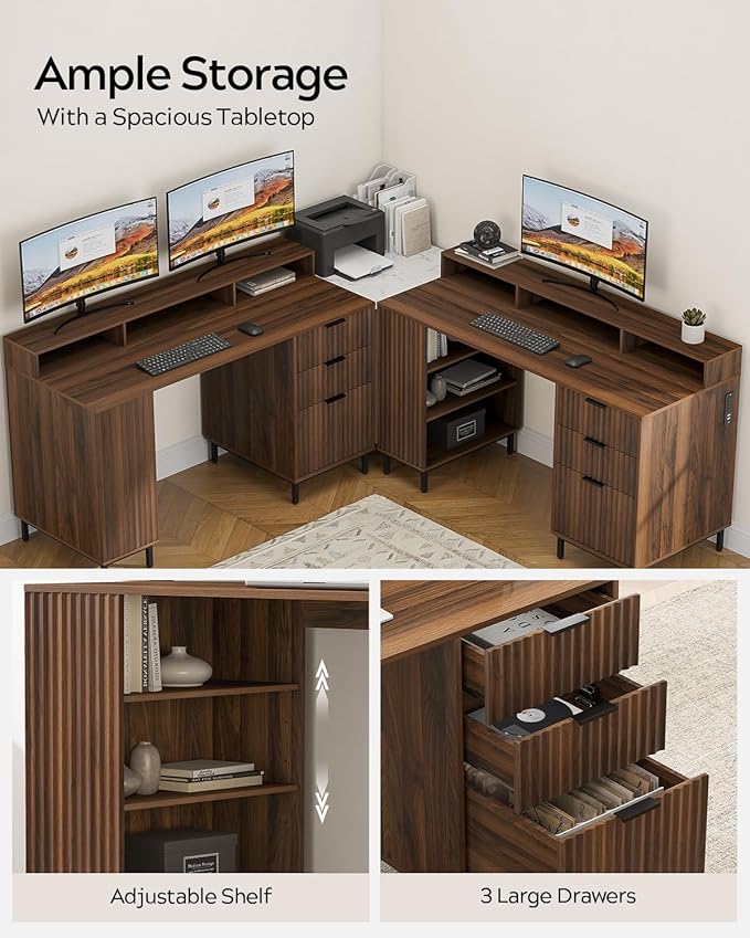 Brown Fluted Executive Desk with Storage Shelf &amp File Drawer 55 Modern Wood Office Desk with Monitor Stand &amp Charging Station Home Writing Computer Table for Work Study