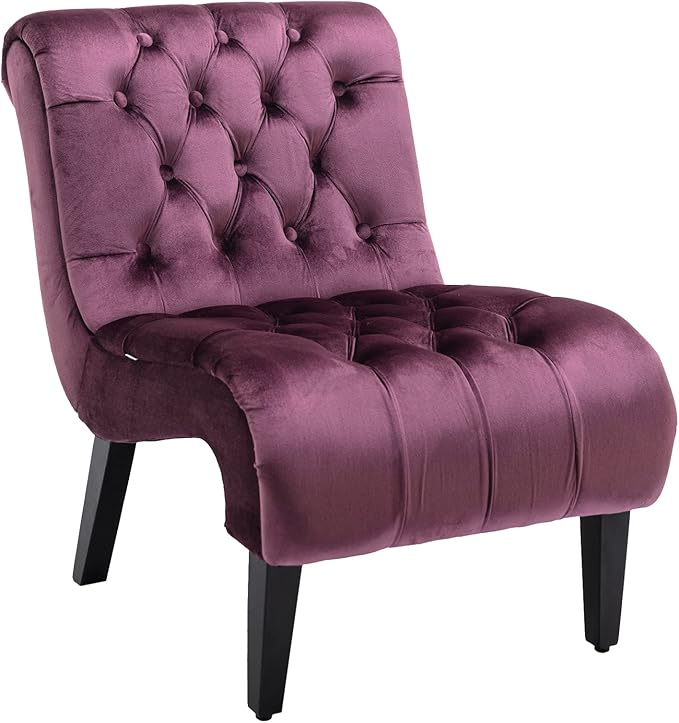 Accent Chair Living Room Reading Chairs Comfy Velvet Upholstered Mid Century Modern Accent Chair Tufted Back Armless Chair with Wooden Legs for Living Room Bedroom Office Purple