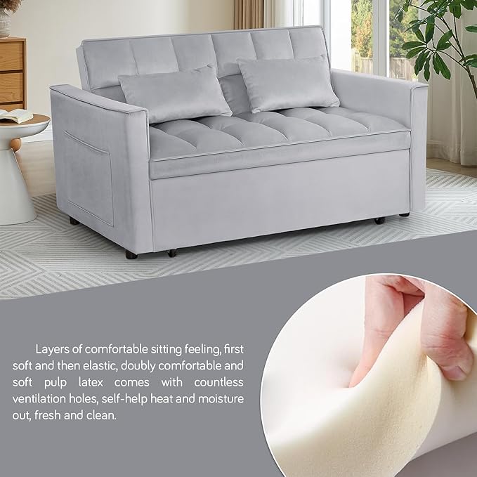 3 In 1 Velvet Convertible Sofa Bed Pull Out Couch Bed with Reclining Backrest And 2 Pillows 54 Full Size Loveseat Sleeper Sofa Futon Couch Beds Couches For Small Spaces Living Room (Silver Grey)