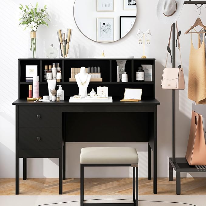 Desk with Hutch &amp Charging Station Home Office Desks with 5-Cubby Hutch 2 DrawersUSB Charging Ports &amp Power Outlets Student Desk Study Table (Black)