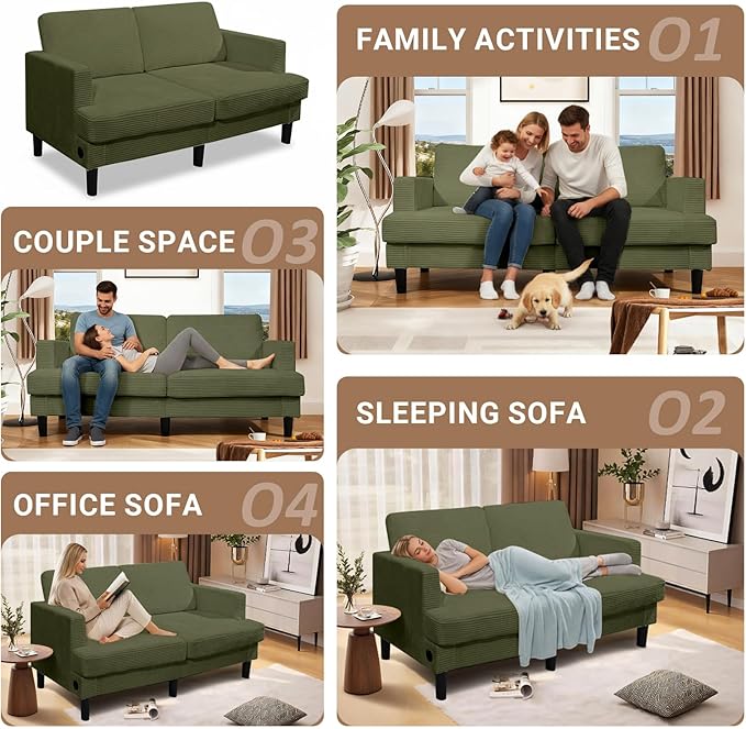 Loveseat Sofa Couches for Living Room 70 Love Seat Sleeper Sofa with USB Upgrade Upholstered 2-Seater Deep Seat Couch Corduroy Small Couch for Bedroom Apartment Office (Light Green)