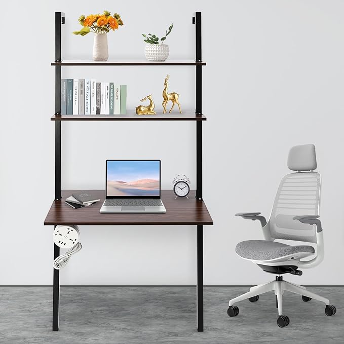Wall Mounted Desk Computer Writing Table Industrial Wall Mount Ladder 3 Tier Computer Desk for Home Office Student Dormitories (Brown+Black)