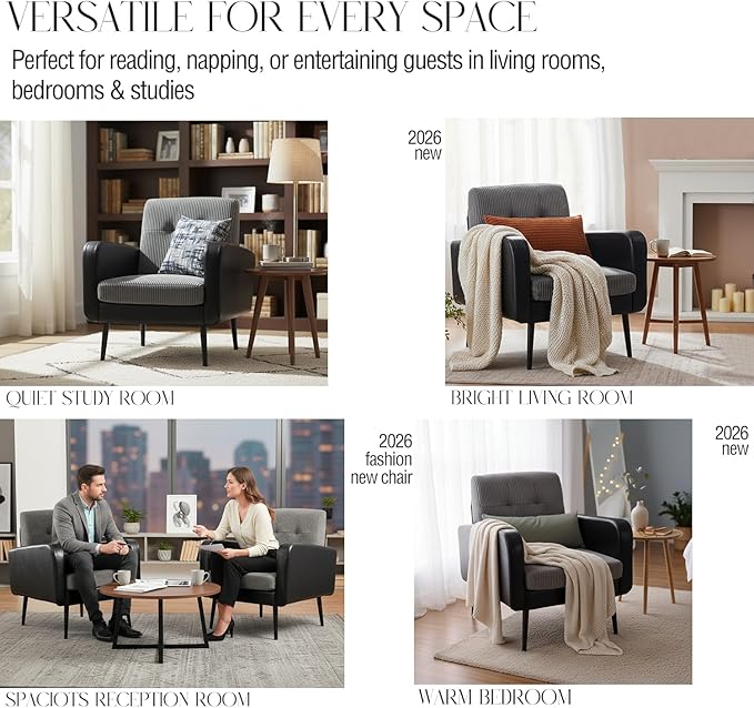 Comfy Accent Chair for Living Room Chairs Mid Century Modern Reading Chair Accent Chairs Set of 2 with Metal LegsUpholstered Arm Chair for Bedroom Office Waiting Room (Black &amp Grey2)