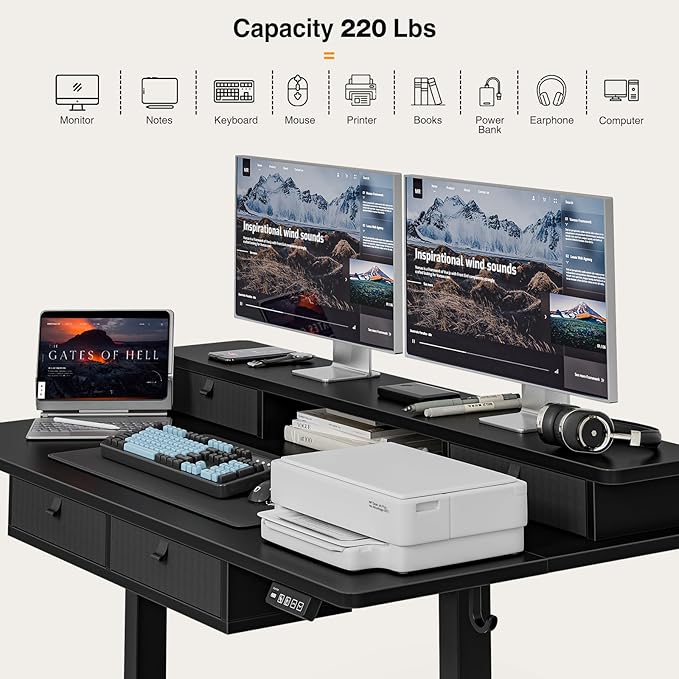 Grandder 47 x 28 inch Electric Standing Desk with 4 Drawers Sit Stand Up Desk Adjustable Height with Storage Shelf for Home Office Ergonomic Adjustable Desk with Splice Board Black