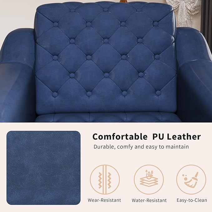 EJUNQ Cozy Accent ChairPU Leather Modern Living Room ChairsMid-Century Office Reading ChairSingle SofaArmchair for Bedroom Apartment Waiting Room(Dark Blue)