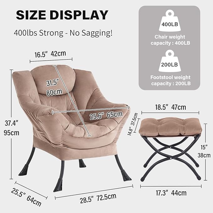Tiita Lazy Chair with Ottoman Khaki Modern Large Accent Chair Comfy Leisure Sofa Armchair with Ottoman Reading Chair with Footrest for Bedroom Living Room Dorm Rooms Velvet Khaki