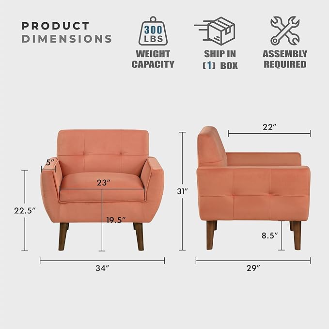 Lexicon Mid Century Modern Accent Chair with Dark Brown Solid Wood Leg Velvet Upholstered Living Room Chair Lounge Arm Chair Tufted Detail Single Sofa Chair Comfortable Reading Chair Orange
