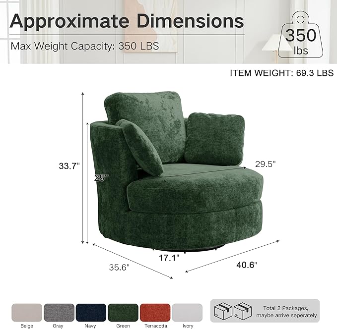 40.6''W Swivel Accent Barrel Chair Chenille Upholstered Round Single Couch Sofa with 3 Pillows for Living Room Apartment Bedroom (Green)