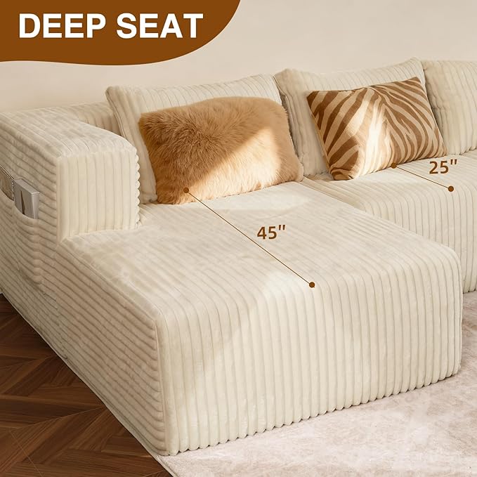 117” Modular Sectional Cloud Couch with L-Shape Chaise Lounge Boneless Convertible Sofa for Living Room Corduroy 4-Seater Couch No Assembly Required Cream Beige Left Facing Chase